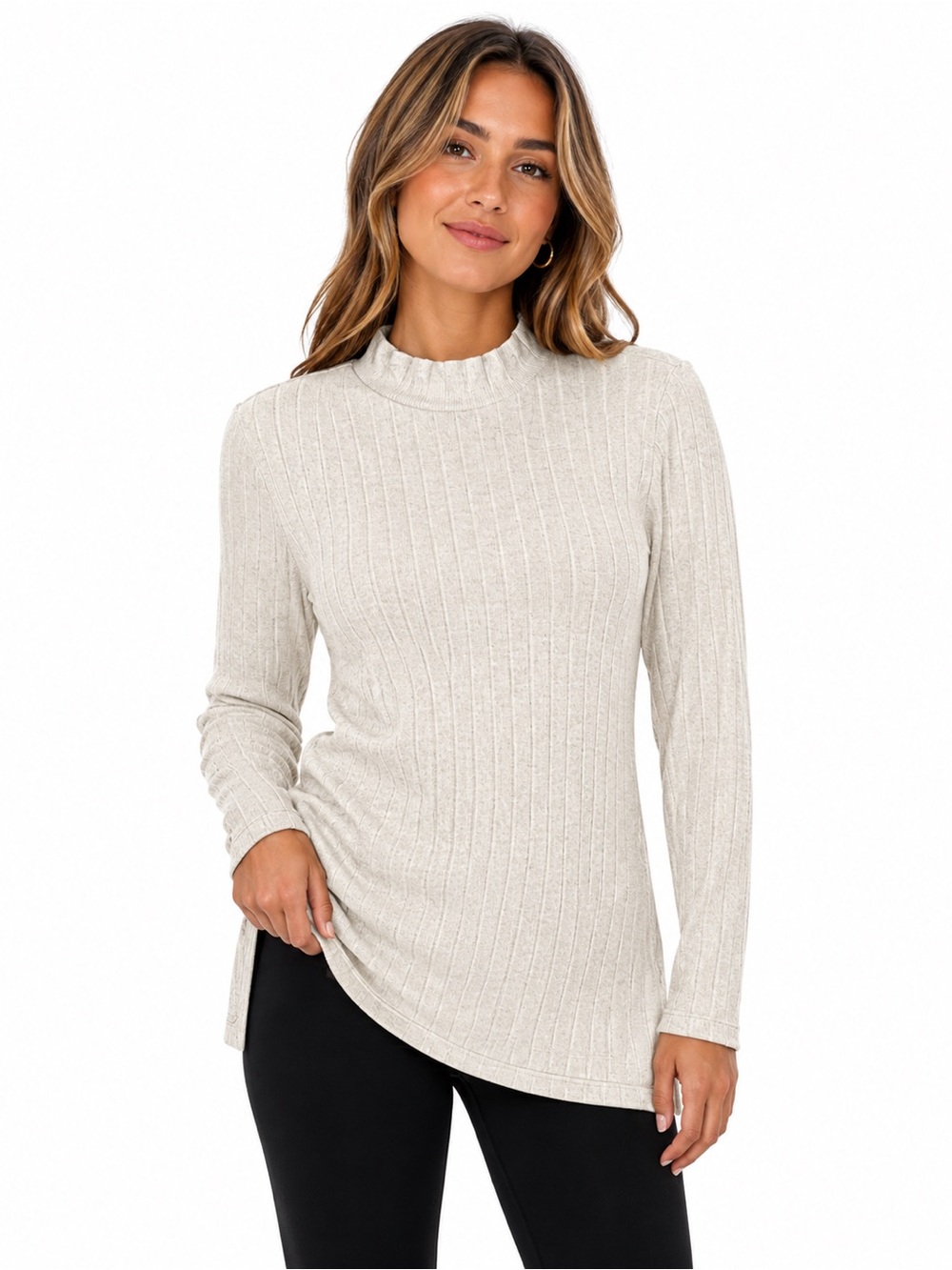 Matty M Ribbed Mock Neck Long Sleeve Top - Cream